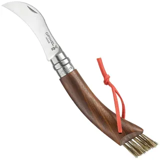OPINEL N°08 Champignon Pilzmesser Klappmesser Edelstahl Nussbaum 8 cm | Griff aus schwarzem Nussbaum, gebogene Klinge mit Rückenschaber, Bürste am Griffende, Alcantara-Band, Holzetui