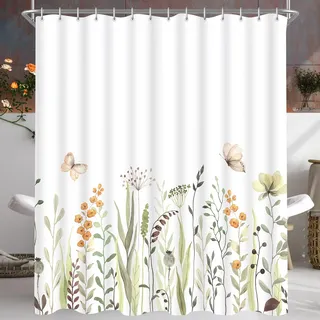 Lerores Duschvorhang 200x200cm Frische Schmetterling Blumen, Beschwerter SaumAntischimmel Textil, Wasserabweisend, Polyester Badevorhänge mit 12 Ösen und Duschvorhangringen für Badezimmer, Badewanne