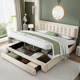 Sweiko Polsterbett Doppelbett mit Bettkasten und Schubladen, hydraulisches Stauraumbett mit höhenverstellbarem Kopfteil, Samt, 180x200 cm, beige - Grau