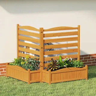 COSTWAY Blumenkasten mit Gartenzaun, Zaun für Klimaanlagen & Mülleimer, 101cm hoch, Hochbeet mit Spalier, 2 Pflanzkästen mit Ablauflöchern, Sichtschutz für Garten Hof Balkon, Holz, Natur (2-teilig)