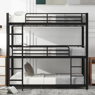 Flieks Etagenbett 90x200cm mit Lattenrost, Hochbett mit Rausfallschutz, Stockbett Kinderbett 3 Kinder, Metallbett mit Leiter, Schwarz - Schwarz