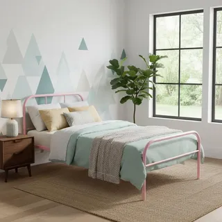 FurnitureR Bettgestell für Einzelbett, aus Metall, Farbiger Bettrahmen mit Lattenrost und Kopfteil, Bett für Schlafzimmer, Junior, geeignet für 190 x 90 cm, Matratze, rosa