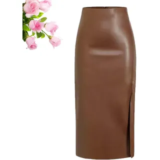 HESYSUAN Lange Lederröcke für Damen, Winter, lang, schwarz, Lederrock, hohe Taille, Schlitz, Kunstleder, A-Linie, Bleistiftrock