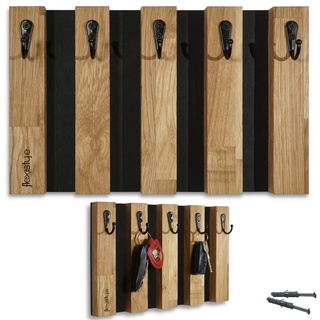 FLEXISTYLE Lamellen Schlüsselbrett Garderobenleiste Holz, Eiche, Hakenleiste, Kleiderhaken, Wandhaken, Edelstahl, Wandgarderobe, Garderobenpaneel, für Flur, Kinderzimmer, Schlafzimmer (30cm 5 Haken)