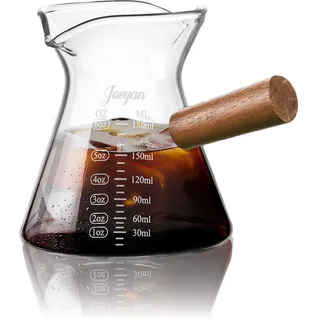 Joeyan 180ml Espresso Messbecher Glas mit Holzgriff, Klein Coffee Measuring Cup mit Skala, Milchkännchen mit V-förmiger Doppelausgießer, Messgläser barista ML/oz für Cocktail Matcha, Borosilikatglas