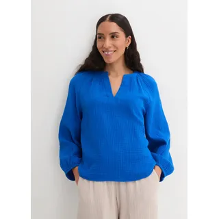 bonprix Shirtbluse "Oversize-Bluse aus Musselin" Oversize-Passform, mit V-Ausschnitt, aus Baumwolle, 3/4-Ärmeln, azurblau
