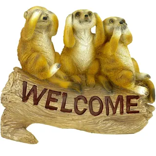 Kremers Schatzkiste Erdmännchen 3 Weisen Welcome Schild Figur Gartenfigur 24 cm Meercat Tierfigur Deko für draussen