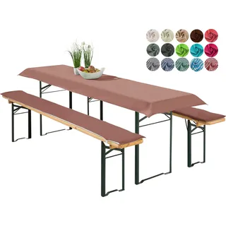 heimtexland ® Bierzeltgarnitur Auflagen Set 3-teilig Tischdecke Bierbank Polster Sitzkissen Tischdeko Typ698 Braun für Tischmaß 50x220 cm - Braun