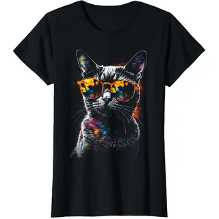 Katzen-Sonnenbrille – Tierkunst Katze T-Shirt, Damen, Schwarz, 3XL