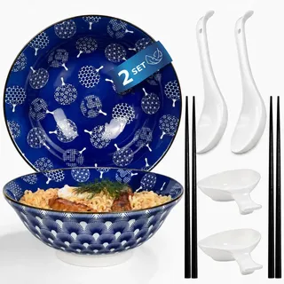 Urban Lifestyle Ramen Schüssel Set UCHIWA 2er aus Porzellan Ø 20,5 cm 1000 ml mit Ramen Löffel, Essstäbchen & Sojasauce Schälchen, Suppenschalen Porzellan Bowl Set