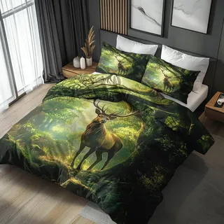 Generisch Hirsch Bettwäsche 140x200 2tlg, 1 Kissenbezüge 70x90 - Waldtiere Wald Grün Design Wendebettwäsche, Weiche Mikrofaser Bettbezug mit Reißverschluss, Deko & Geschenke - YXB165