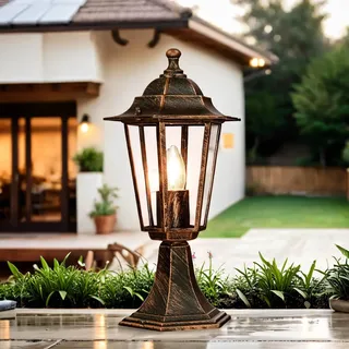 Licht-Erlebnisse Sockellampe Rustikal H: 40 cm Aluminium Glas E27 IP43 in Kupfer Schwarz Antik kleine Wegeleuchte aussen Gartenleuchte Außenleuchte