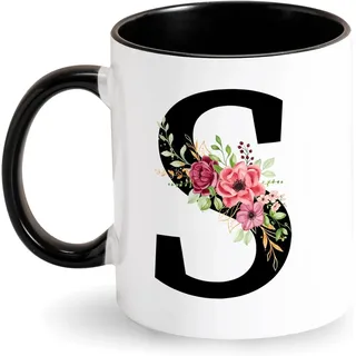 Personalisierte Tasse Buchstabe Kaffeetasse - Alphabet Keramiktasse - Schwarz Anfangsbuchstaben Tasse Geschenke für Lieblingsmensch Verliebte Freund Kollegin Frauen Geburtstag Muttertagsgeschenk(S)