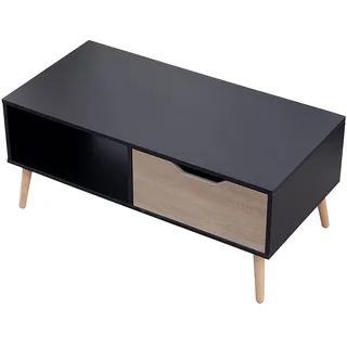 Happy Garden Couchtisch mit Schublade, skandinavischer Stil, schwarz, Freja. Wohnzimmertisch aus Holz mit Stauraum, rechteckiger Tisch mit Holzbeinen.