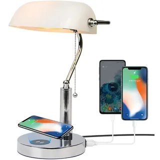 FIRVRE Weiß Glas Banker Schreibtischlampe klassische Retro Tischleuchte mit kabellosem Ladegerät USB Nachttischlampe mit Ladefunktion Antikes für Home Office Bibliothek Klavier