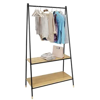 Avilia Freistehender Kleiderständer mit 2 Ablagen für Schuhe und Hüte – Kleiderständer mit 2 Einlegeböden für den Eingang, aus Bambus, 90 x 167 x 42 cm, Braun und Schwarz