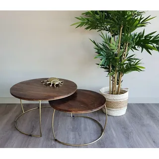 2er Set Couchtisch Emma Gold rund Metall Mango Satztische Beistelltisch braun - gold - 75 cm und 60 cm X 40cm und 35cm X 75 cm und 60 cm