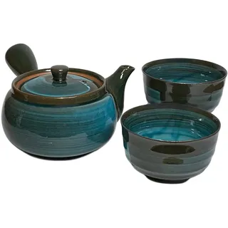 Mino Ware Japanische Kyusu Teekanne Yunomi Set Smaragd-Linienmuster auf Waldgrün