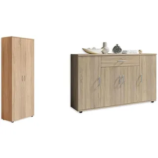 Stella Trading Talent 3 Schuhschrank hoch, Eiche Sonoma Optik & LILLY Kommode in Sonoma Eiche Optik - Modernes Sideboard mit viel Stauraum für Ihren Wohnbereich - 118 x 70 x 30 cm (B/H/T)