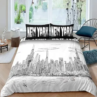 Homemissing Jungen Modern Stadt Gebäude Bettwäsche Set 135x200cm New York Thema Bettbezug Set für Kinder Jugendliche Herren Amerika Stadtbild Betten Set Schwarz Weiß Stadt Szene Schlafzimmer Dekor