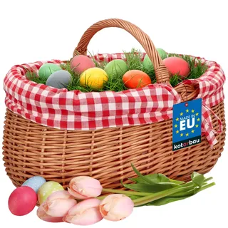 KOTARBAU® Weidenkorb mit Henkel - 46 x 32 x 33 cm - Korb mit Henkel - Einkaufskorb - mit rot Karierter Stoffeinlage - Pilzkorb - Erntekorb - Natürlich - Lebensmittelecht - Weide - Braun