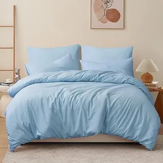 Bettwäsche-Set 240x260 3-teilig Hellblau Mikrofaser mit Reißverschluss und Bettdeckenfixierung