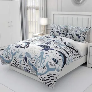 Loussiesd Kinder Bettwäsche Set Ozean Thema Tier Meerestier Microfaser Bettbezug Set für Jungen Mädchen Weich Atmungsaktiv Betten Set inkl.1 Bettbezug 135x200 cm und 1 Kissenbezüge 80x80 cm
