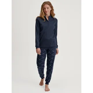 Schlafanzug CALIDA "Midnight Dreams", Damen, Gr. L (48/50), peacoat blau, Single Jersey, Obermaterial: 100% Baumwolle, bequem lang, V-Ausschnitt, Homewear-Sets Schlafanzug, V-Ausschnitt, Langarm, Single Jersey Qualität, weich