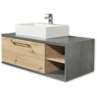 NATHAN Badezimmer Waschbeckenunterschrank mit Waschbecken in Artisan Eiche, Beton Optik - Bad Unterschrank schwebend mit viel Stauraum - 110 x 39 x 53 cm (B/H/T)