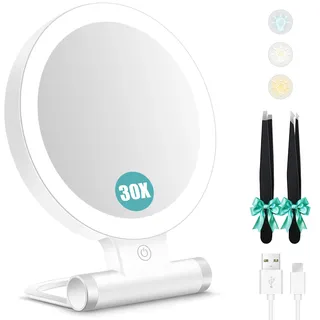 Schminkspiegel mit Beleuchtung,Doppelseitiger1X/30X Vergrößerungsspiegel mit Licht, 2000mAh 3 Farben Beleuchtungsmodi, Einstellbare Helligkeit, Faltbarer Kompakter Makeup Spiegel Reisegröße