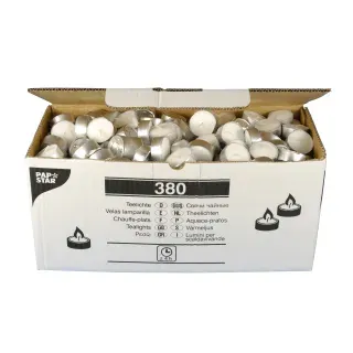 Papstar Teelichter, Ø 3,9 cm, 1,5 cm, weiss, Rechaudkerzen mit ca. 4 Stunden Brenndauer, 1 Packung = 380 Stück