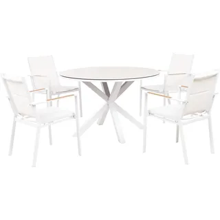 BELIANI Gartenmöbel Set 5-teilig Weiß u. Taupe Aluminium Tisch  120 cm Rund Keramikplatte mit 4 Stühlen Bespannt Stapelbar Terrasse Außenbereich - Weiß, Grau, Beige, Braun