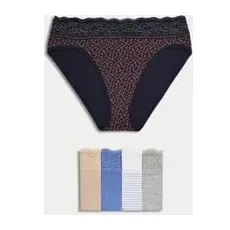 Womens M&S Collection 5pk Cotton Rich Printed High Leg Knickers - Blue Mix, Blue Mix - 10