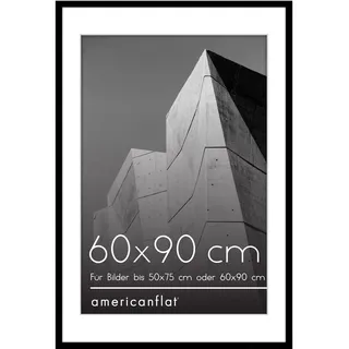 Americanflat 60x90 cm Bilderrahmen aus Kunststoff mit 50x75 cm Passepartout - schmaler 90x60 Fotorahmen mit poliertem Plexi-Scheibe - integrierte Aufhängung für Hoch- und Querformat - Schwarz