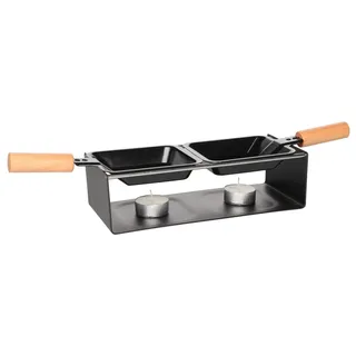 Raclette-Set Teelicht-Betrieb mit 2 Pfannen und Holzspatel, 9,5 x 39 x 8,5 cm