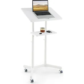 COSTWAY mobiles Rednerpult, Stehpult höhenverstellbarer, Laptopwagen mit Rollen, Tischplatte, Ablagefach & Getränkehalter, Kanzelständer, Weiß - Weiß