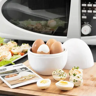 InnovaGoods - Mikrowellen Eierkocher Boilegg mit Rezepten, Schnelle & Fettfreie Zubereitung, Bis zu 4 Eier, BPA-frei, Leicht zu Reinigen, Weiß, Aluminium