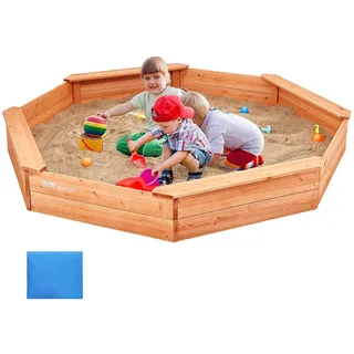 Vevor Holzsandkasten mit Abdeckung, achteckiger Sandkasten, Sandgrube mit 4 Sitzplätzen & Bodenauskleidung, Kindersandkasten für den Garten, Geschenk für Jungen & Mädchen im Alter von 3–12 Jahren