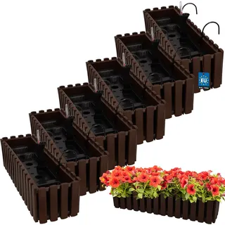 KOTARBAU® Blumenkasten Balkon 58x18x16cm, Balkonkasten mit Wasserspeicher | Blumenkasten für Balkongeländer, Balkonkasten mit Halterung, Pflanzkübel rechteckig, Selbstbewässernd, PVC, Braun, 6er Set