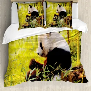 ABAKUHAUS Panda Bettbezug Set, Großer Panda Sitzender Wald, Der Bambusbaum Stamm Laub Wildnis Bild Druck Isst, 155 x 220 cm + 80 x 80 cm, Grün Schwarz