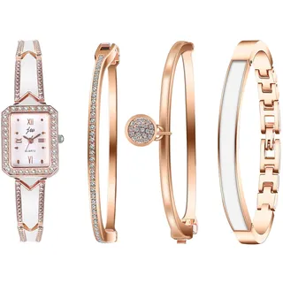 JewelryWe Damenuhr Armreif Set Rosegold: 4 Stück Damen Glitzer Strass Rechteckig Quarz Uhr und Armband Schmuckset Elegant Diamant Armbanduhr Armkette Geschenk für Frauen Mädchen Freundin