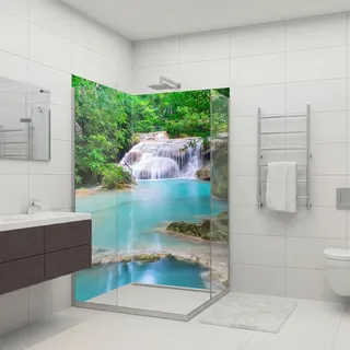 dedeco 2tlg. Eck-Duschrückwand Wasserfall V7, 90x200cm Alu 3mm classic | Wasserfeste Duschrückwand, Alu-Verbundplatte classic – fugenlos, pflegeleicht, Fliesenersatz, Made in Germany