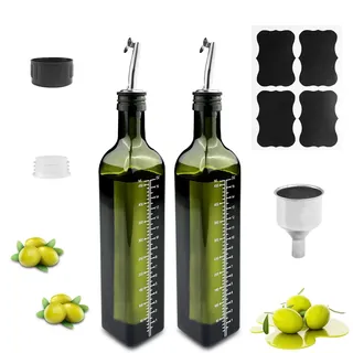 Gvolatee 2PCS ölflasche glas 500ml, essig und ölspender mit ausgießer, Trichter, Anti-Schmutz Verschluss, dunkelgrün olivenöl spender, öl flaschen, ölflaschen für Küche, Grill, Pasta, Salate, Backen
