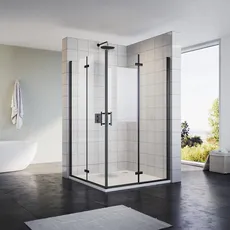 Sonni Schwarzes Dusche Falttür Eckeinstieg Duschkabine 100x100 cm 180o Duschwand Duschabtrennung Nano 6mm Glas Faltdusche Höhe 195 cm Drehfalttür