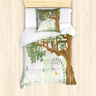 ABAKUHAUS Natur Mantele, Frühlings-Schmetterlings-Farbe, Milbensicher Allergiker geeignet mit Kissenbezügen, 135 cm x 200 cm - 80 x 80 cm, Grün Braun Weiß - Grün