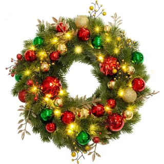 Avoalre Weihnachtskranz 40cm 40LEDs Lichterketten Timer Batteriebetrieben Künstlicher Kranz 8 Modi Innen Weihnachtsdeko mit Christbaumkugeln Türkranz für Weihnachten Fenster Tür