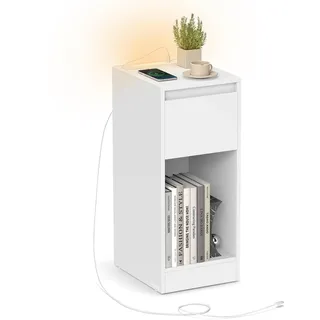 VASAGLE Nachttisch, schmal, Beistelltisch, LED-Beleuchtung, 1 USB-A-Anschluss, 1 USB-C-Anschluss, Schublade, offenes Fach, für Schlafzimmer, Wohnzimmer, wolkenweiß LET610W01