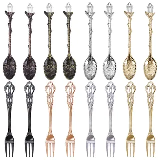 Chostky Retro Kaffeelöffel, Kristalllegierung Löffel, kreative Geschirr Dessertlöffel, Vintage geschnitzte Teelöffel für Kaffee Zucker Dessert Kuchen Eis Suppe Home Party Zubehör (8 Löffel+8 Gabeln)