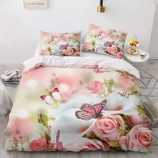 Luowei Bettwäsche 155x220cm Rosa Rose&Schmetterling Blüten Bettbezug Set 3 Teilig Weiche Microfaser Vintage Floral Blumen Bettbezug mit Reißverschluss und 2 Kopfkissenbezüge 80 x 80cm