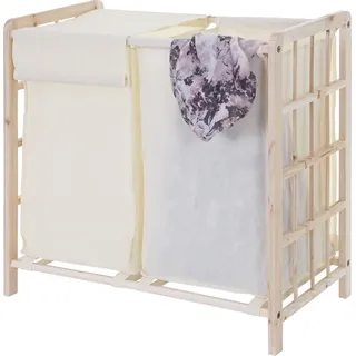 Wäschesammler HWC-B60, Laundry Wäschebox Wäschekorb, Massiv-Holz 2 Fächer 60x60x33cm 68l hellbraun, Bezug creme - Braun